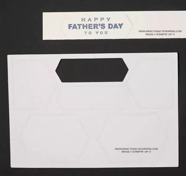 Lay the Basic White cut out onto the Basic White CS. Trace the ends using the pencil. Ink up the “Happy Father’s Day Sentiment using the Misty Moonlight Ink Spot that comes with the Best There Is Paper Pumpkin Kit OR Misty Moonlight Classic Stampin’ Stampin’ Pad and stamp it onto the Basic White CS, within the pencils marks. Trim along the pencils marks using Paper Snips. If need be, erase any pencil marks.