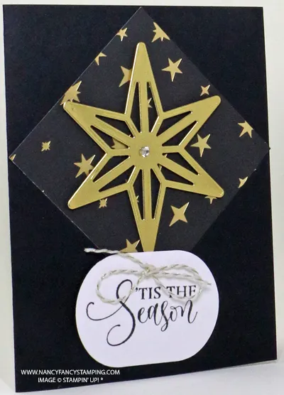 'Tis the Season Card project with a Gold Star, Rhinestone and Black & Gold Baker’s Twine